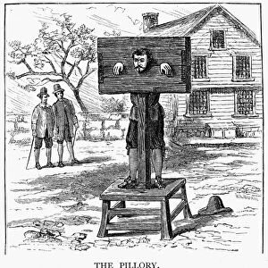 COLONIAL PILLORY. The Pillory as used for punishment in colonial America. Wood engraving, 19th century
