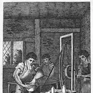 COLONIAL POTTER. A colonial American potter assisted by indentured servants. Line engraving, late 18th century