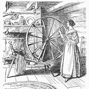 COLONIAL SPINNER. Spinning at the hearth of a colonial American home in the 18th century