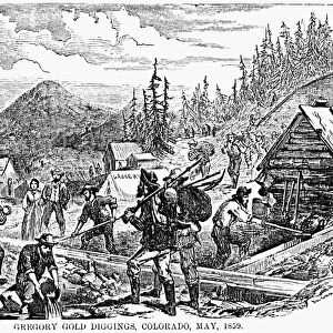 COLORADO: GOLD MINING, 1859. Gold prospectors mining for gold in Gregory Gulch, Central City, Colorado. Wood engraving, American, 1859