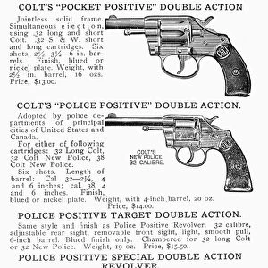 COLT REVOLVERS. Page from an Abercrombie and Fitch catalog advertising various Colt double action revolvers, early 20th century