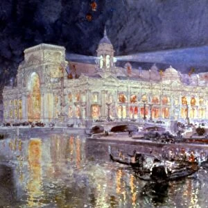COLUMBIAN EXPO, 1893. The Electricity Building at the Worlds Columbian Exposition, Chicago, 1893: watercolor by Frederick Childe Hassam