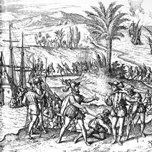 COLUMBUS: ARREST, 1500. The arrest of Christopher Columbus at Santo Domingo in 1500 by Francisco de Bobadillo. Line engraving, c1590, by Theodor de Bry