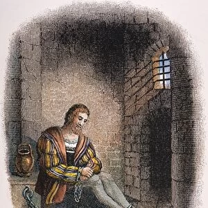 COLUMBUS: ARREST, 1500. Christopher Columbus in a Spanish prison, his hands shackled, following his arrest at Santo Domingo in 1500 by Francisco de Bobadillo: American engraving, 19th century