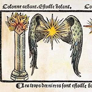COMET, 1496. Different forms of comets. Colored woodcut from Nicolas Le Rouges Le grant kalendrier et compost des bergieres, Troyes, 1496