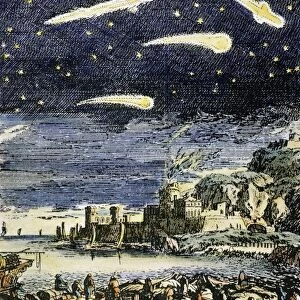 COMETS. Calamities on Earth Associated with the Passage of Comets : colored engraving, 17th century