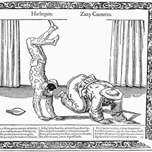 COMMEDIA DELL ARTE. Harlequin and Zanni in a performance of the Italian Commedia dell Arte. French engraving, 18th century