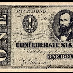 CONFEDERATE BANKNOTE. One dollar banknote issued by the Confederate States of America at Richmond, Virginia, 1864. Senator Clement C. Clay is pictured at the notes center