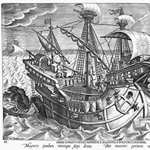 CONQUISTADOR SHIP. A heavily armed ship, probably Spanish, bearing the Jesuit monogram IHS on a sail. Line engraving by Theodor Galle (1571-1633)