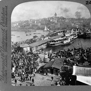 CONSTANTINOPLE: BRIDGE. Crowds on the Galata Bridge in Constantinople, Ottoman Empire