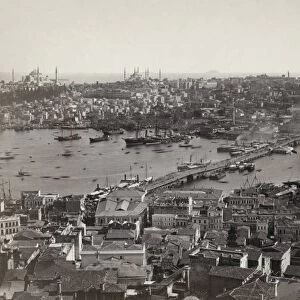 CONSTANTINOPLE, c1876. Aerial view of the Golden Horn showing the Galata Bridge in Constantinople