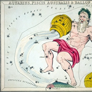 CONSTELLATION: AQUARIUS. Figuration of Aquarius (water-bearer), Pisces Australis (southern fish) and Ballon Aerostatique (hot air balloon). Line engraving by Sidney Hall from Uranias Mirror, London, 1825