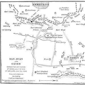Contemporary map showing the advances of Colonel Theodore Roosevelts Rough Riders at the Battle of San Juan Hill, Cuba, and of other American forces at El Caney, 1 July 1898, during the Spanish-American War
