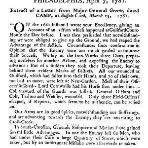 Cornwallis Retreating! Revolutionary War broadside containing an extract of a letter from General Nathaniel Greene, reporting on the battle at Guilford Courthouse, North Carolina, 15 March 1781, and the retreat of British General Charles Cornwallis
