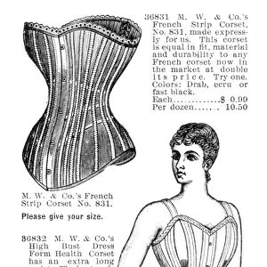 CORSET ADVERTISEMENT, 1895. Cut from an American mail-order catalog, 1895