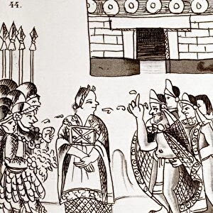 CORTES & MONTEZUMA, 1519. Dona Marina (center) interpreting during the meeting of Montezume II (right) and Hernan Corts at Tenochtitlan, November 1519. Aztec drawing from the Codex Florentino, c1540