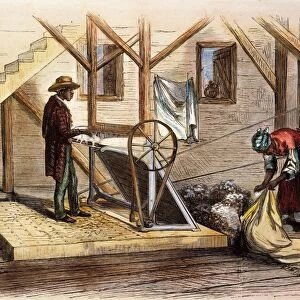 COTTON GIN, 1871. Cotton gin on a plantation in the American South: colored engraving, 1871