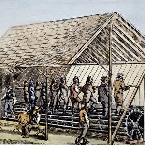 COTTON MILL TREADMILL. Workers on the treadmill that provided the power in Samuel Slaters first cotton mill at Pawtucket, Rhode Island, in the early 1790s. Wood engraving, American, mid-19th century