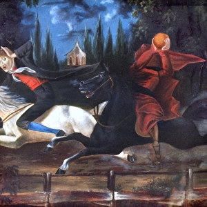 CRANE AND HORSEMAN. Ichabod Crane and the Headless Horseman, attributed to William John Wilgus. Oil, c1835