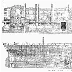 Cross section of the British steamship Great Eastern, christened Leviathan in 1857. Wood engraving, English, 1858