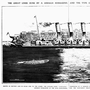 Cross section of the Cunard liner Lusitania with a scale rendering of a German submarine of the class that sank the liner on 7 May 1915. Illustration from a contemporary English newspaper