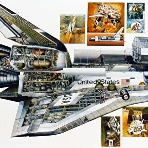 Cross-section and details of the inner workings of the Space Shuttle Columbia developed by NASA. Illustration, 1981