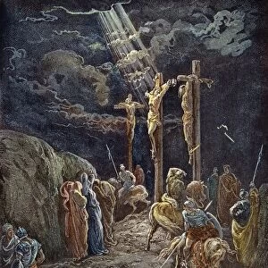 The crucifixion of Jesus and the two thieves (Luke 23: 34). Wood engraving after Gustave Dor