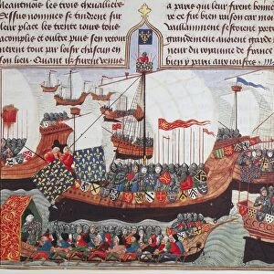 CRUSADER FLOTILLA. Crusaders embarking for the Holy Land. Manuscript illumination