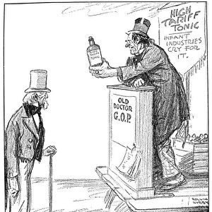 Cures All the Ills of Man or Beast. Cartoon, 1921, by Rollin Kirby commenting on the resurrection of the Fordney Emergency Tariff Bill, vetoed by President Woodrow Wilson but signed, 1921, by President Warren G. Harding