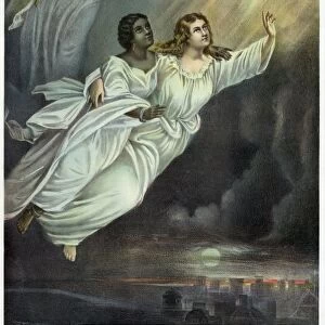 CURRIER AND IVES: GHOST. The Spirits Flight. An angel hovers above two spirits in flight. Lithograph by Currier and Ives, 1893