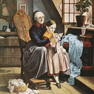 CURRIER & IVES: GRANDMOTHER. The Knitting Lesson. Undated, c1860, lithograph by Currier & Ives