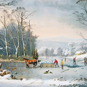 CURRIER & IVES WINTER SCENE. Winter in the Country: Getting Ice : lithograph, 1864, by Currier & Ives