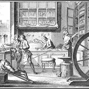 CUTLERY MANUFACTURE. A Parisian cutlery shop engaged in the forging, fabrication, and sale of knives, scissors, razors, surgical instruments, and other edged implements. Line engraving, French, 18th century