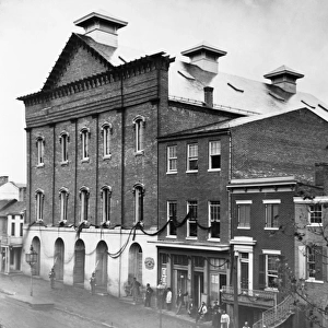 D. C. : FORDs THEATER, 1865. Exterior of Fords Theater in Washington, D. C. draped with crepe