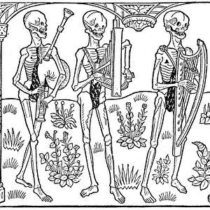 DANCE OF DEATH, 1490. Four Figures of Death, Playing on Musical Instruments