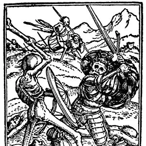DANCE OF DEATH, 1538. Death and the Soldier. Woodcut by Hans Holbein the Younger, from The Dance of Death, published in 1538