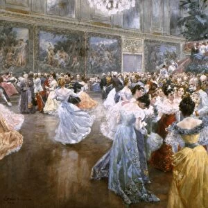Dance in the public ballroom of the Imperial Palace, Vienna. Watercolor by Wilhelm Gause, 1900. Emperor Francis Joseph is on the far right