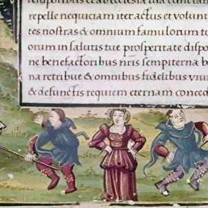 DANCERS, 15TH CENTURY. Two men and a woman dancing to bagpipes
