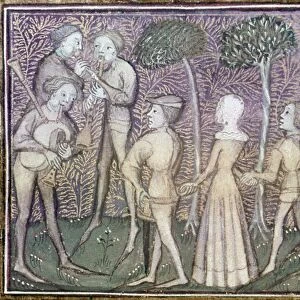 DANCERS, c1380. Men and women dancing with arms linked to the accompaniment of three musicians