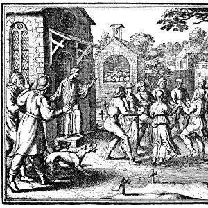DANCING MANIA, c1600. Victims of the hysterical dancing mania of the late Middle Ages in a churchyard. German engraving, c1600