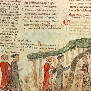 DANTEs PURGATORY. Dante, Virgil and Statius: illumination from a late 14th century Italian ms