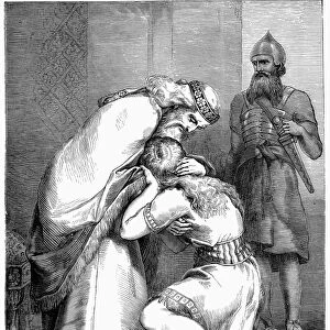 DAVID AND ABSALOM. Joab brings the rebellious Absalom to his father, King David, who forgives him (2 Samuel 14: 33). Wood engraving, American, 19th century