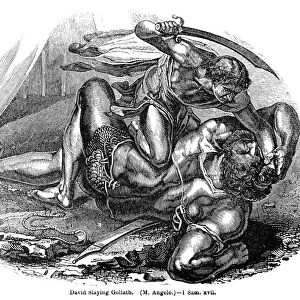 DAVID AND GOLIATH. David slaying the giant Goliath. Wood engraving, 19th century