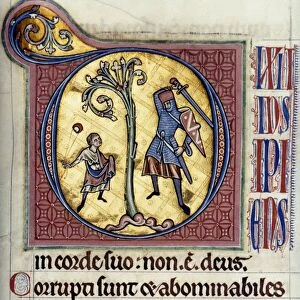 DAVID & GOLIATH. Manuscript llumination from the Peterborough Psalter, English, c1220
