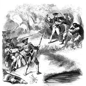 DEATH OF JUMONVILLE (1718-1754). Joseph Coulon de Villiers, Sieur de Jumonville. French-Canadian military officer. The death of Jumonville near Fort Duquesne after he had been captured in battle, 1754. This event led to the French attack on Fort Necessity. Wood engraving, American, 1856