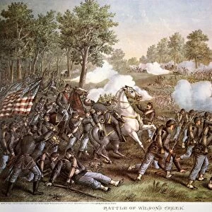 DEATH OF N. LYON, 1861. The death of Union General Nathaniel Lyon at the Battle of Wilsons Creek, Missouri, 10 August 1861: lithograph, 1893, by Kurz & Allison