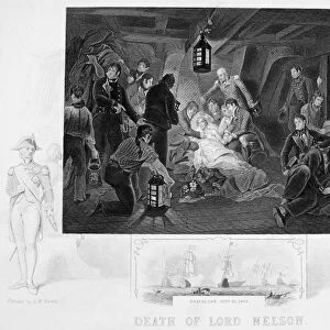 DEATH OF NELSON, 1805. The death of Horatio Nelson aboard the HMS Victory at the Battle of Trafalgar, 21 October 1805. Steel engraving, 19th century