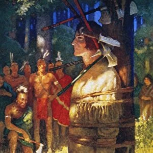 Deerslayer, tied to a stake, endures trial by tomahawk and knife at the hands of the Huron Native Americans. Illustration by N. C. Wyeth to a 1925 edition of The Deerslayer by James Fenimore Cooper