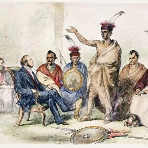 Delegation of Kansas (Kaw) Native Americans in conference with the Commissioner of Indian Affairs under President James Buchanan, at Washington, D. C. March 1857. Contemporary wood engraving