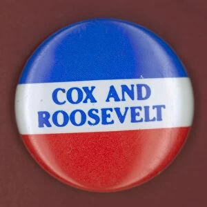 Democratic presidential campaign button featuring James Cox and Franklin D. Roosevelt, 1920